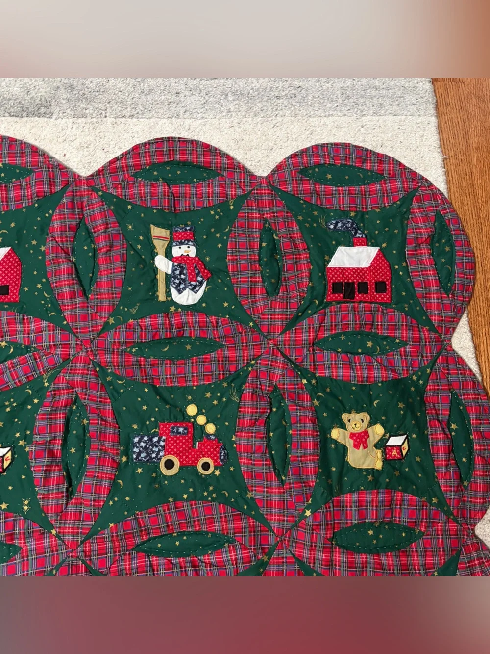 Vtg Hand-Sewn Christmas Quilt Double Wedding Ring Red Green Snowman Train 62x49